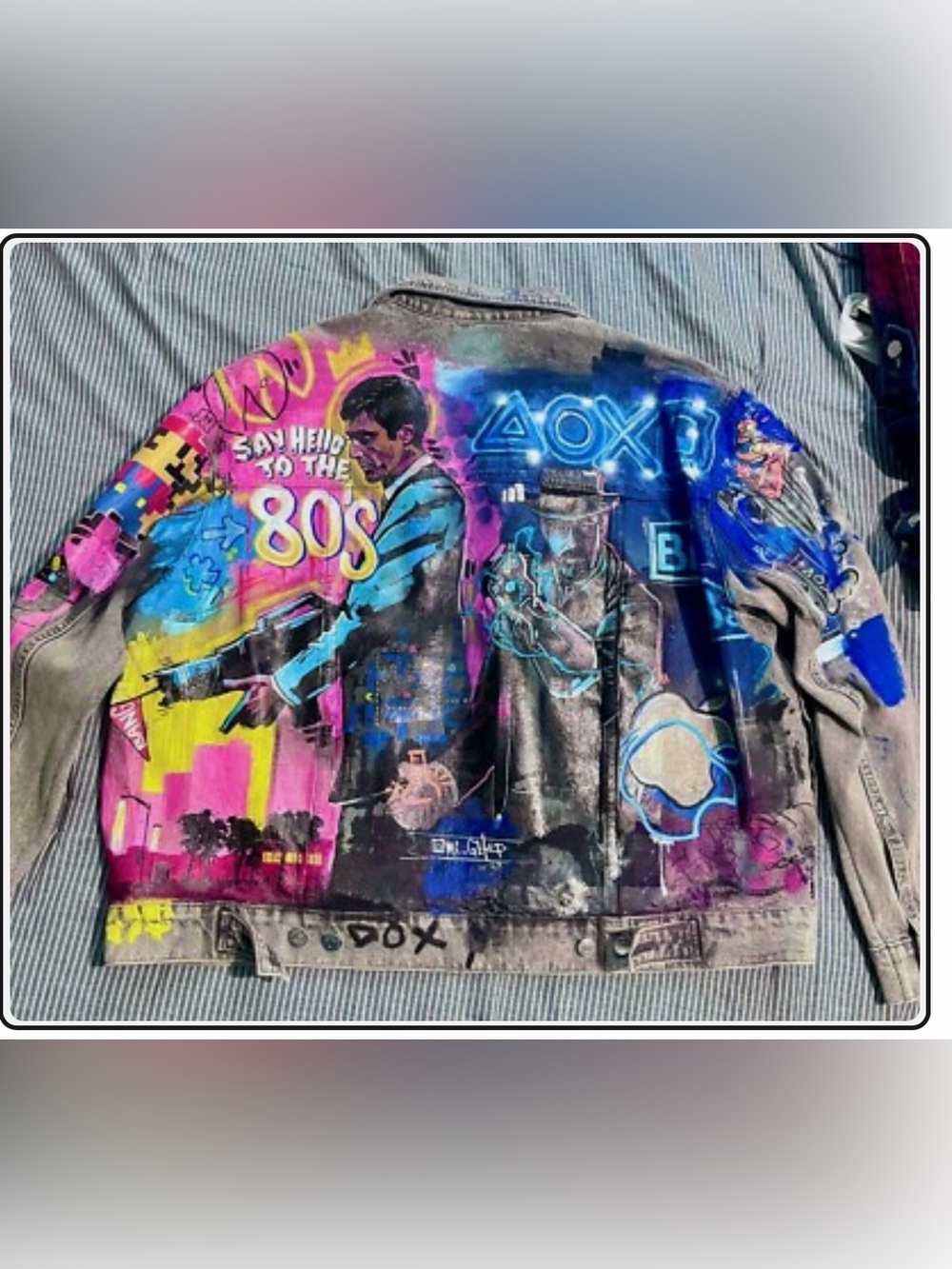 Custom Hand-Painted Graphic Denim Bomber Jacket - Multicolor